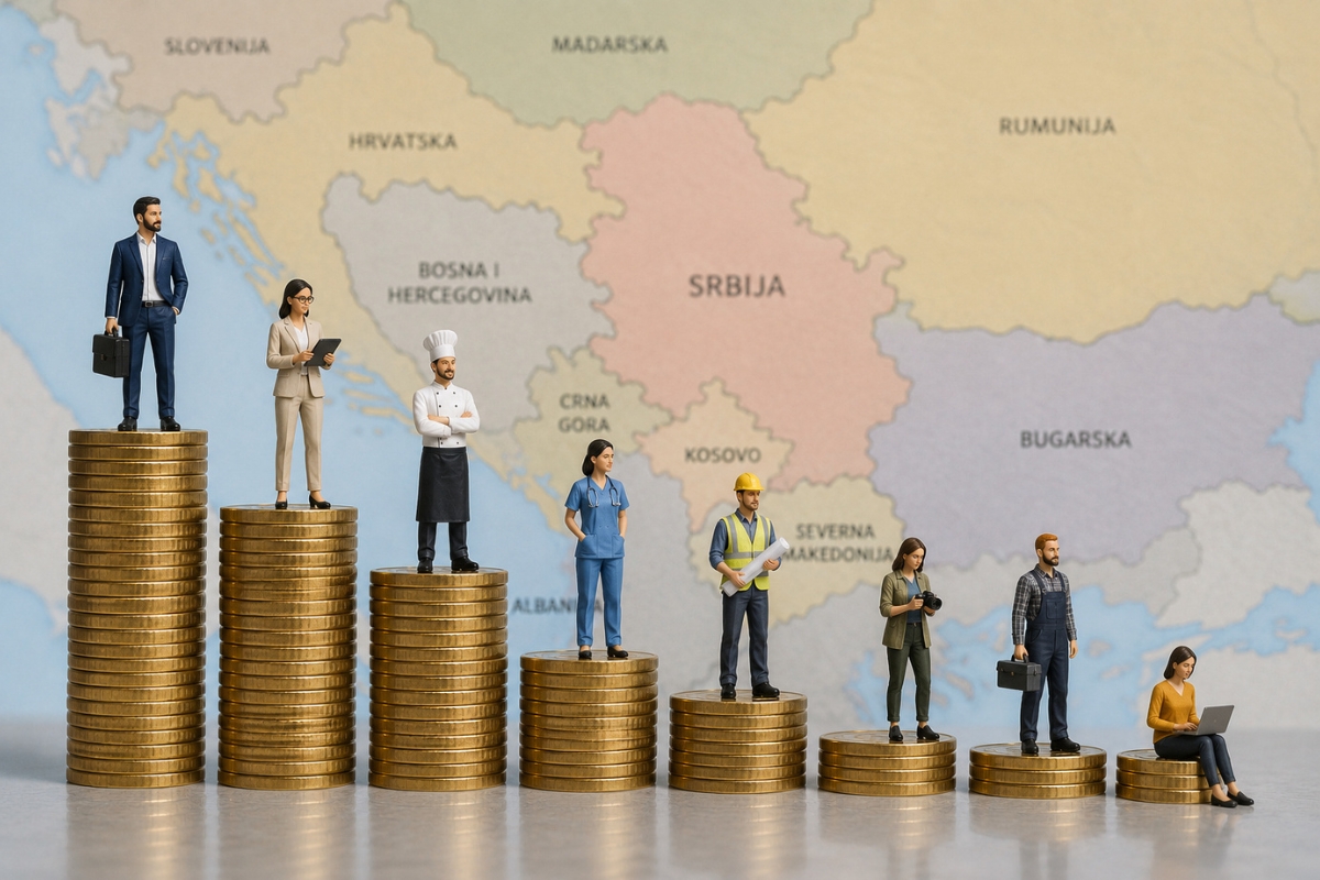 Minijaturne figure različitih profesija stoje na stubovima od zlatnika različite visine ispred mape Balkana, prikazujući razlike u zaradi, potražnji za zanimanjima i profesionalnim mogućnostima u regionu.
