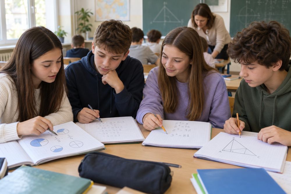 Učenici viših razreda osnovne škole zajedno upoređuju zadatke u radnim sveskama iz matematike.