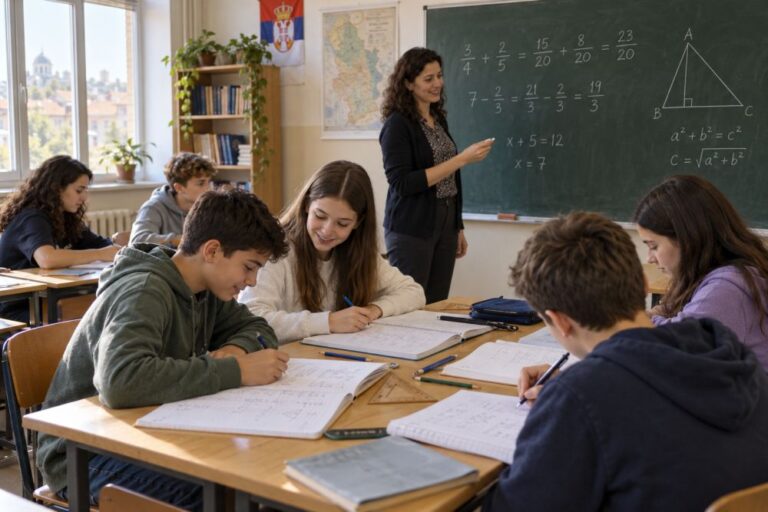 Učenici viših razreda osnovne škole prate čas matematike u učionici dok nastavnik objašnjava zadatak na tabli.