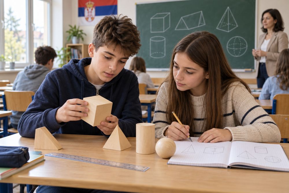 Učenici na času matematike proučavaju modele prizme, piramide, valjka, kupe i lopte.
