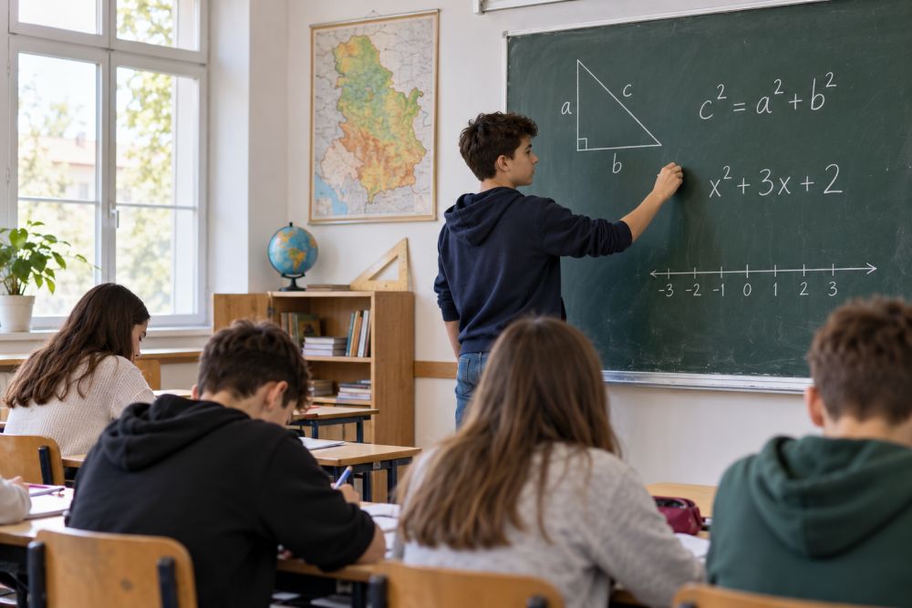 Učenici na času matematike rešavaju zadatke sa trouglovima, realnim brojevima i polinomima zapisanim na tabli.